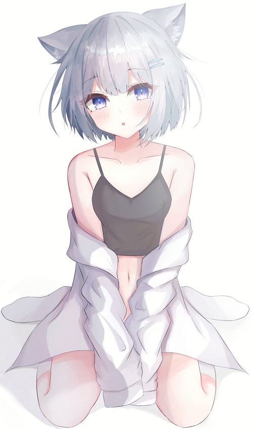 Cat girl with blue eyes and white hair wearing a crop top