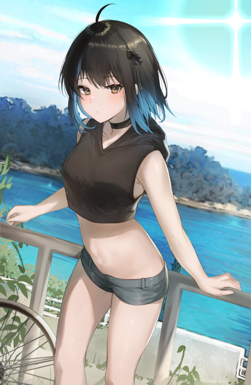 Anime girl with short shorts and belly