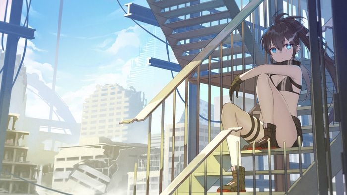 Anime girl with black hair and blue eyes sitting on stairs