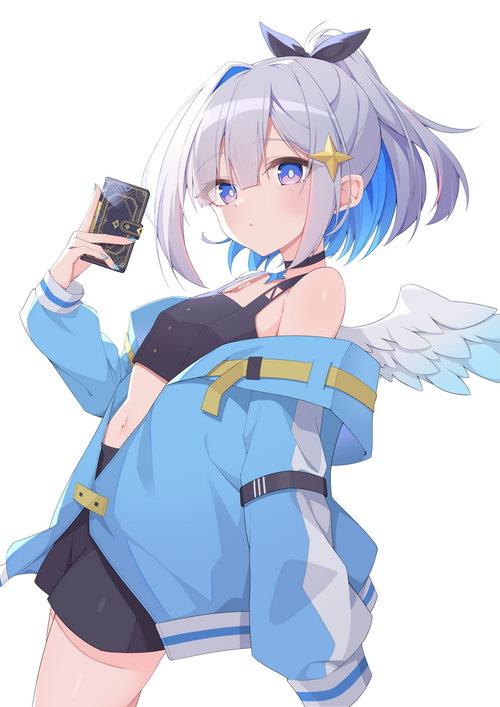4K Amane Kanata with wings holding a card