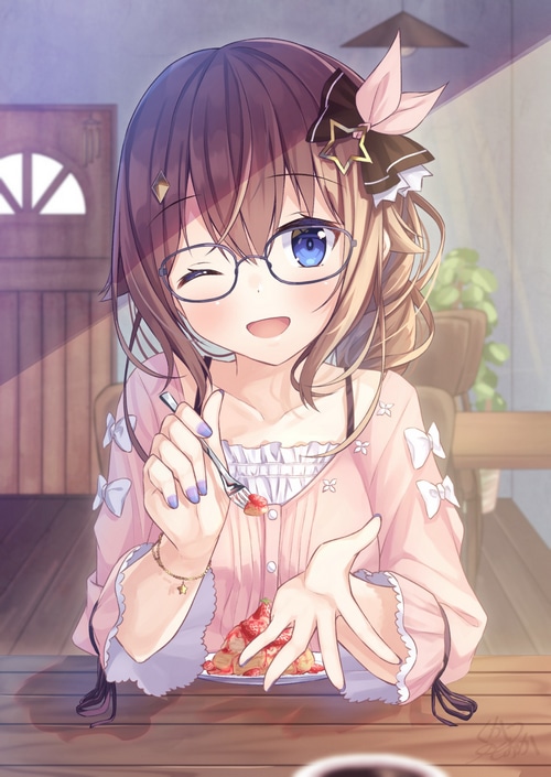 Tokino Sora eating strawberries with a fork