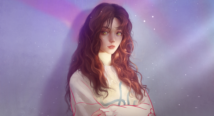 Digital art of a girl with yellow eyes, arms crossed