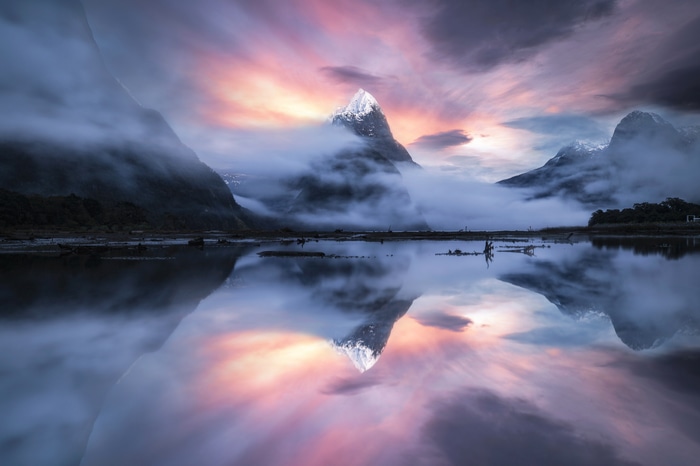 4K Sunrise Reflection of Milford Sound Mountains