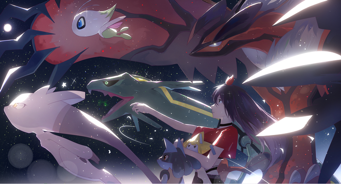 Pokémon with a girl and Rayquaza in space