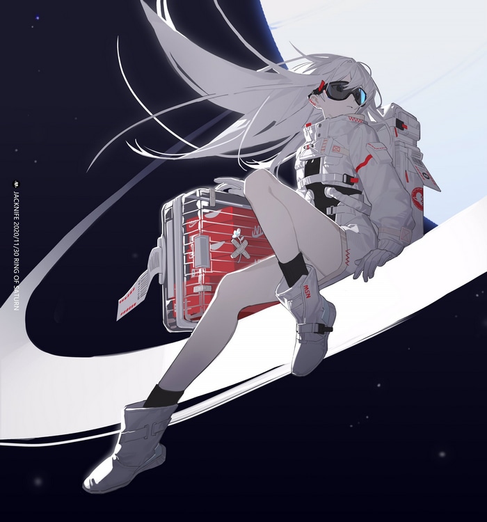 Astronaut girl with luggage on Saturn's rings