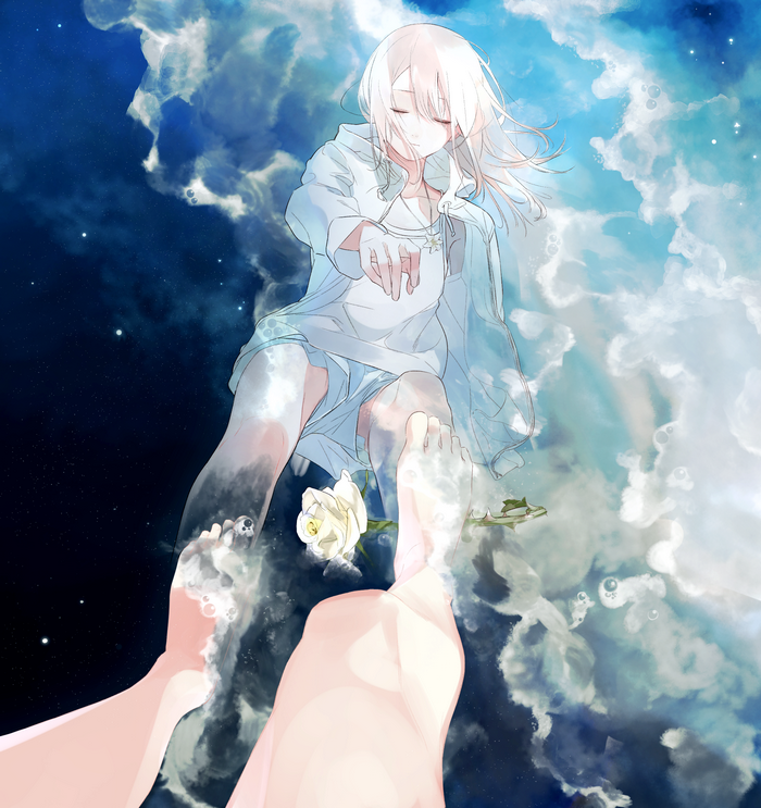 Girl in white shirt reaching out in water with rose