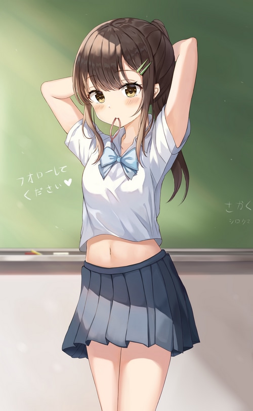 Anime girl in school uniform by the blackboard