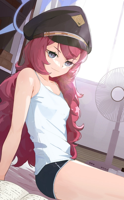 Anime girl with pink hair wearing a white tank top and black shorts