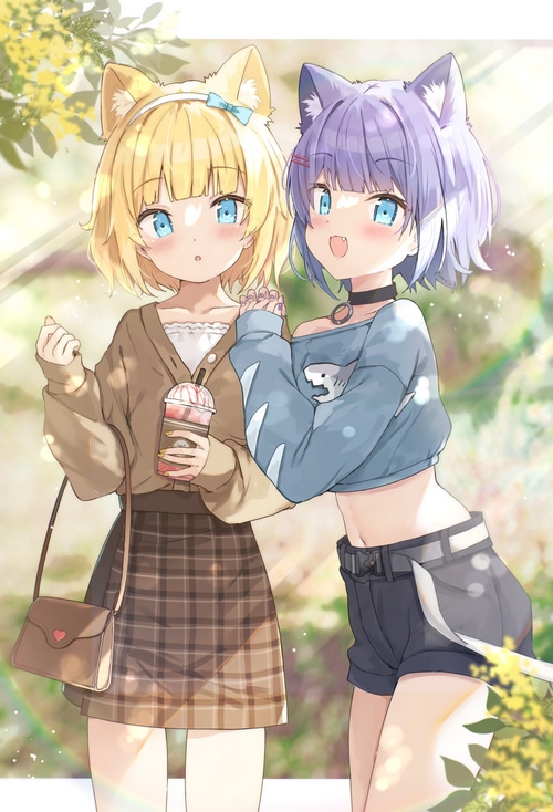 Two anime girls with cat ears holding hands