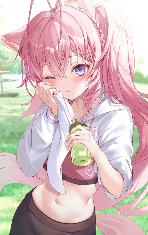 Anime girl with pink hair holding a water bottle