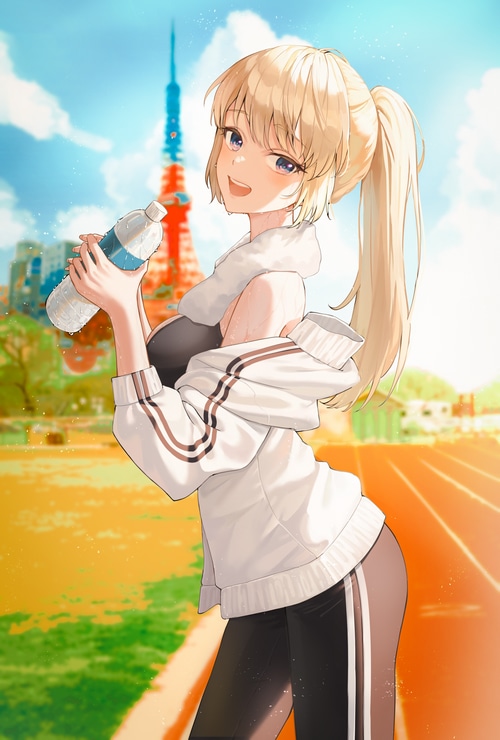 Anime girl with blonde ponytail holding water bottle on running track