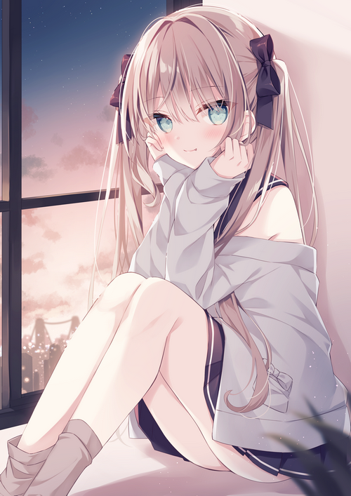 Anime girl with pigtails sitting by the window