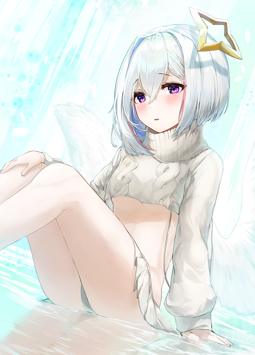 Anime girl with white hair and wings wearing a sweater