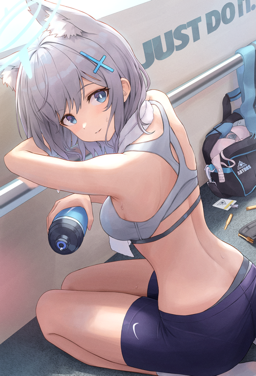 Shiroko in sportswear with a water bottle
