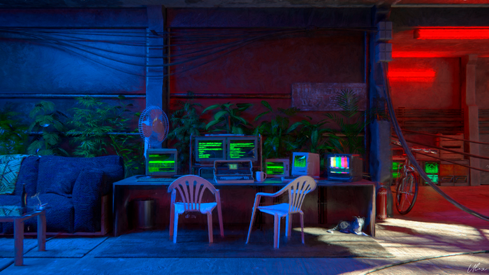 1980s Hacking Basement with Plants and Cats