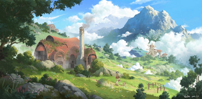 Fantasy village with mountains and clouds