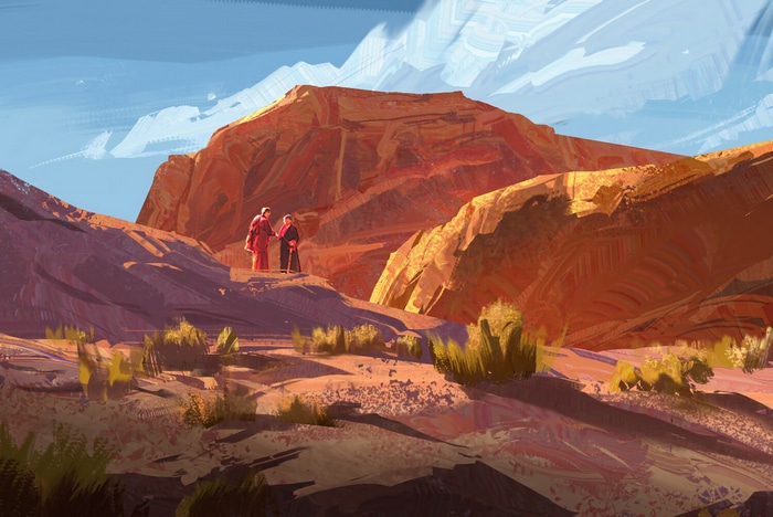 Two figures in robes stand on a rocky outcrop.
