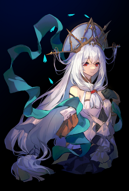 Skadi from Arknights with white hair and red eyes