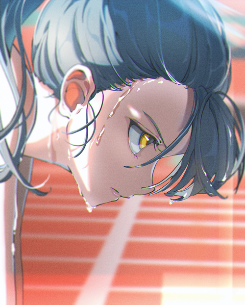 Girl with blue hair and yellow eyes sweating