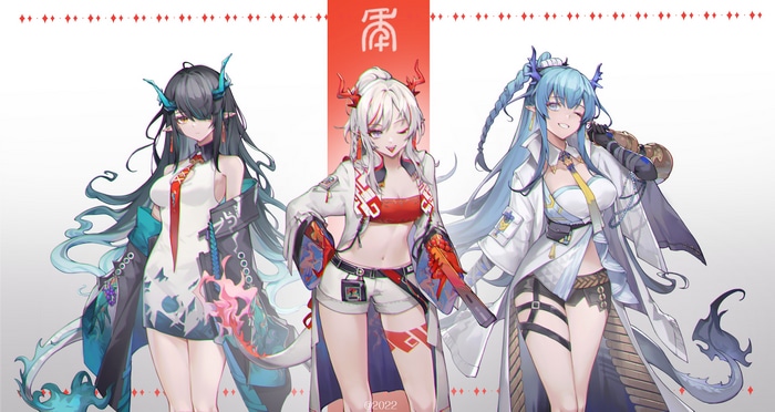 Arknights Nian, Dusk, and Ling with horns and tails
