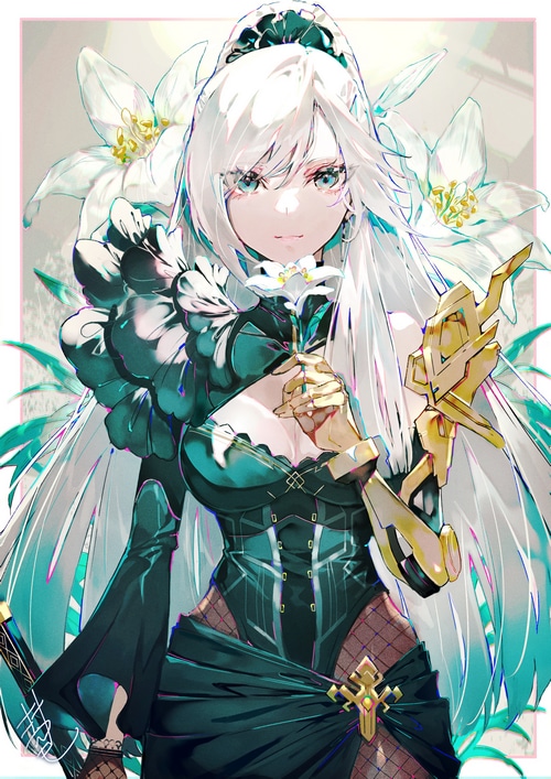 Anime girl with white hair and flowers