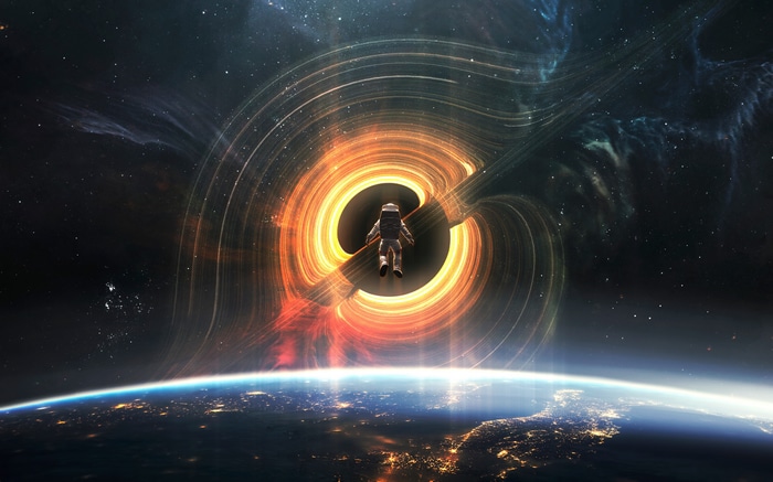 Astronaut near a black hole over Earth