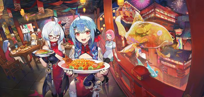 Bilibili characters celebrating Lunar New Year with food