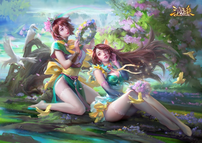 Two women with flower crowns in a fantasy forest