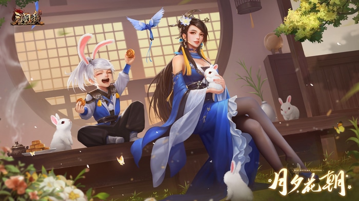 Mid-Autumn Festival characters with rabbits and birds