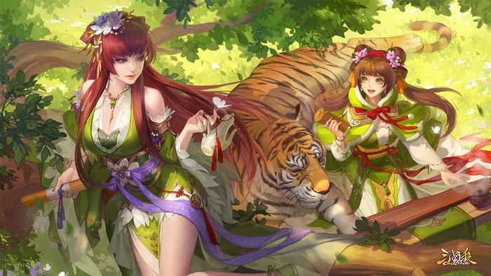 Two women and a tiger in a forest
