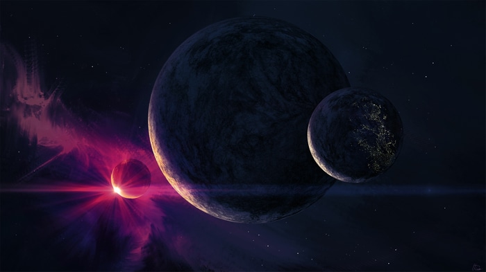 Artwork of planets and nebulae in space