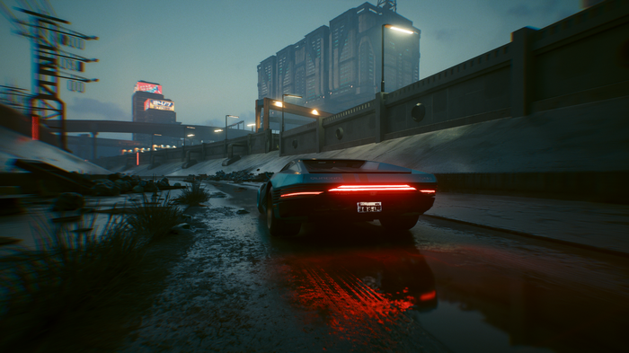 Cyberpunk 2077 car driving on wet road