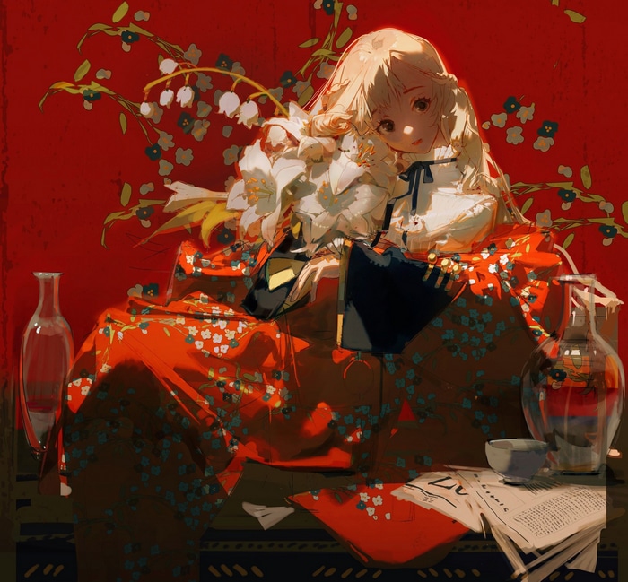 Artwork of a girl with flowers and morning glories