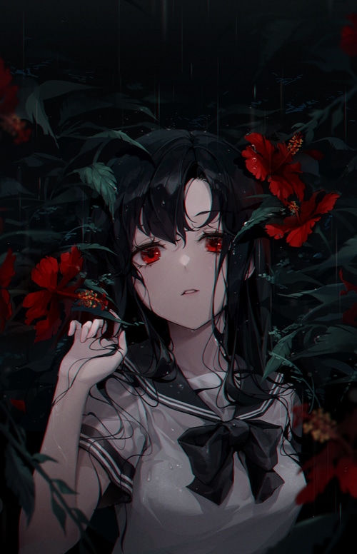 Anime girl with red eyes in a school uniform