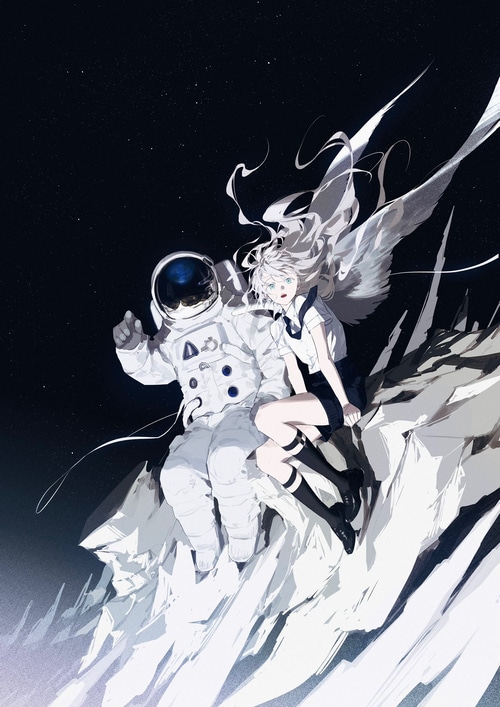Astronaut and winged girl in space