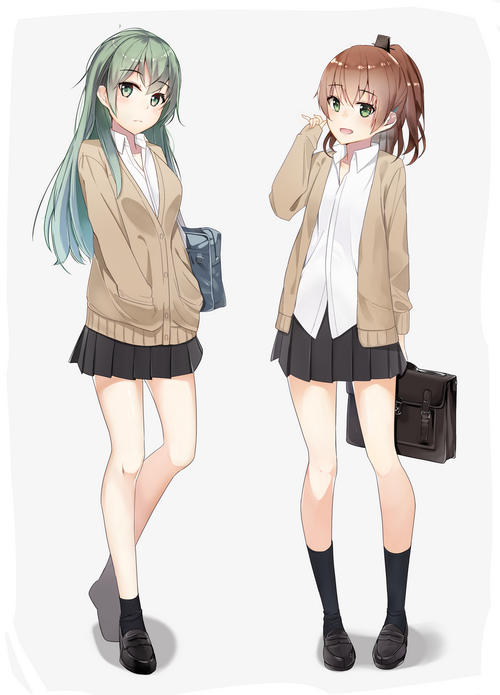 Two anime girls in school uniforms with bags