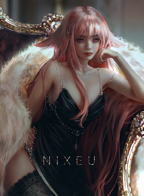 Yae Miko in a black dress with pink hair