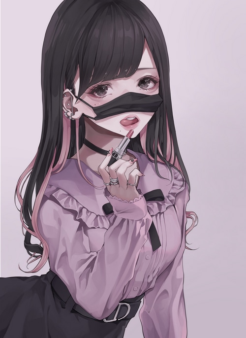 Anime girl with mask applying lipstick