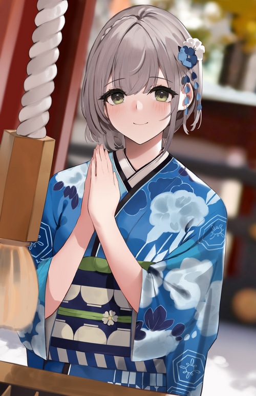 Anime girl in blue kimono at a shrine
