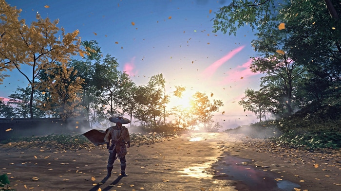 Ghost of Tsushima samurai at sunset with falling leaves