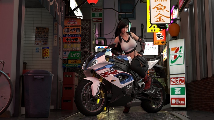Tifa Lockhart on a BMW motorcycle in a Japanese alley