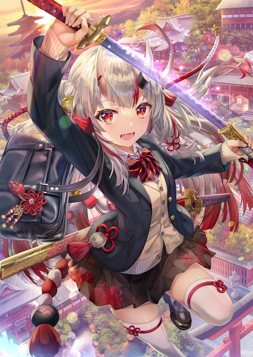Nakiri Ayame with swords in front of Japanese temples