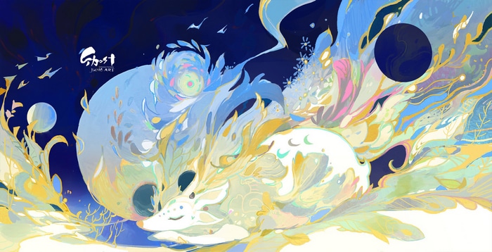 Fantasy art of a sleeping deer by Wenjun Lin