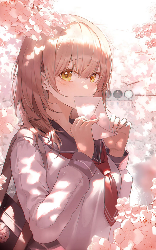 Anime schoolgirl holding a letter under cherry blossoms