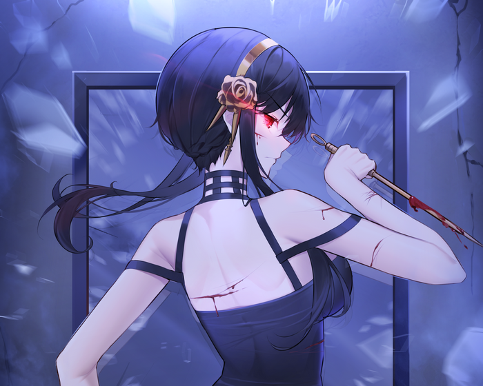 Yor Forger with bloody knife and red eyes