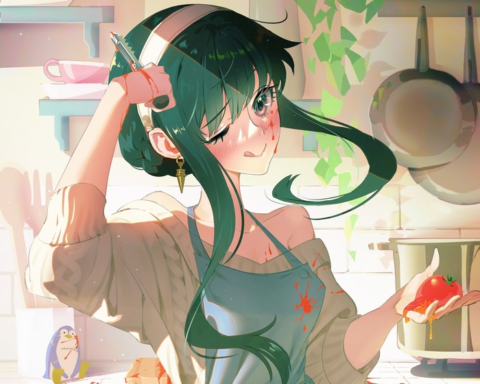 Yor Forger covered in blood in a kitchen