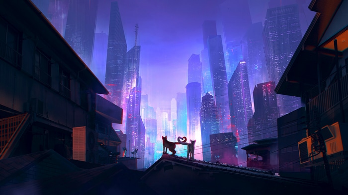 Two cats form a heart shape in a futuristic city at night