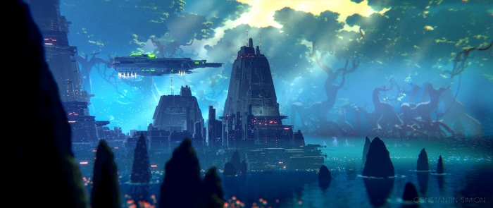 Futuristic forest city with spaceship and trees