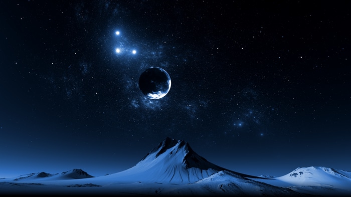 4K Planet and Mountains in Galaxy Sky