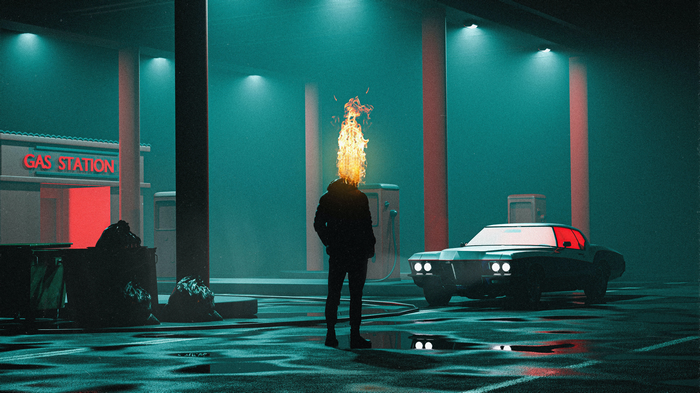 Gas Station at Night with Fiery Head